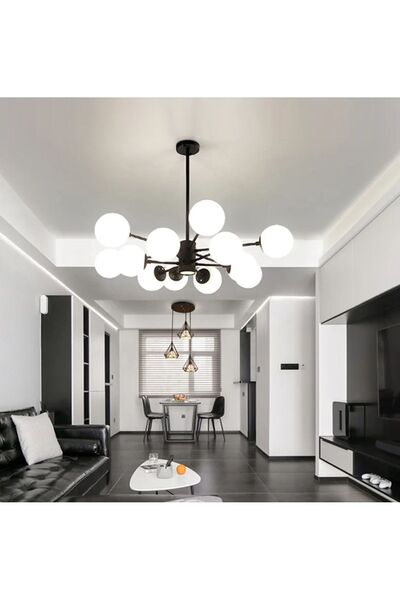 N Naturel Aydınlatma Glop Camlı 12li Siyah Modern Avize / 15lik Opal Cam