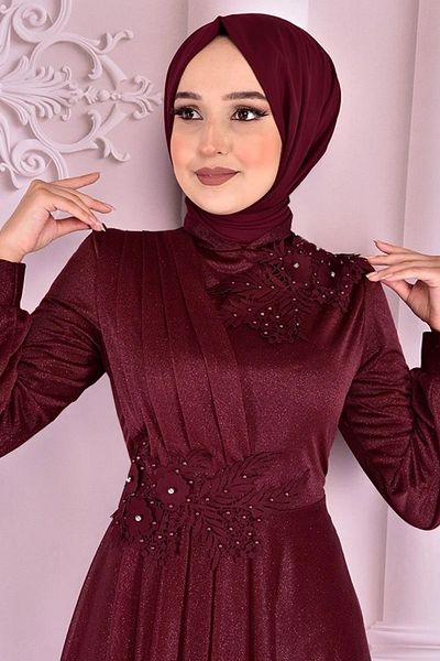 Ayşe Melek Burgundy Hijab Evening Dress - Women's Clothing, Fashion 2514