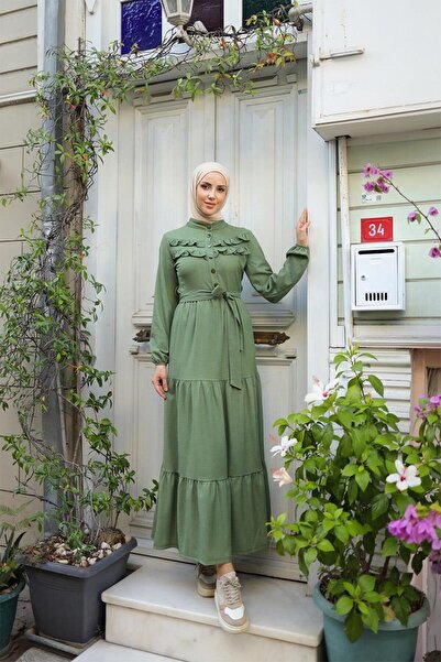 BURCU TESETTÜR Рокля с колан с копчета и волани BRC11M08 Каки