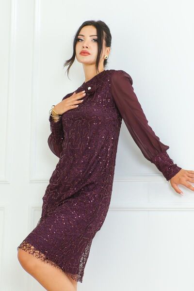 zeynep zehra Kadın Giyim Abiye Moda File Pul Payet Kısa Abiye Elbise 2728 Bordo