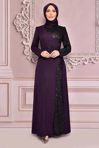 Ayşe Melek Hijab Evening Dress 2524 Plum - Sequin Detailed Women's Clothing, Fashion