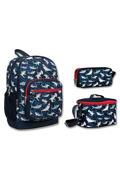 ÜMİT ÇANTA Cennec Four Compartment Navy Blue Red Shark Primary School Backpack Set - Boy