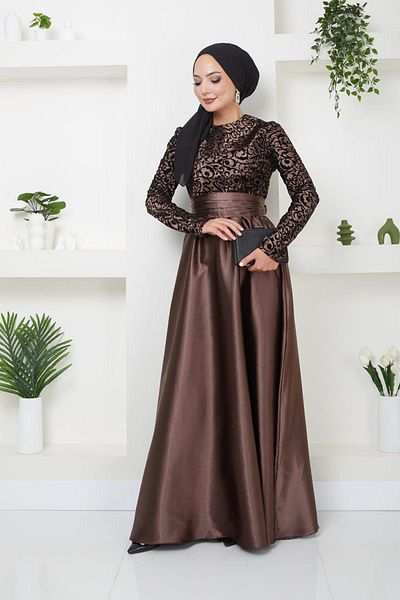 Ayşe Melek Satin Evening Dress 1042 - Brown, Embossed Pattern and Fashion Wear