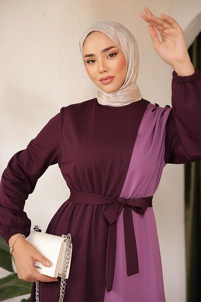 BURCU TESETTÜR Garnished Belted Hijab Dress BRC1123 DAMSON LILA