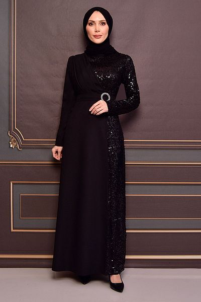 Ayşe Melek Black Sequin Belted Jewelled Crepe Evening Dress - Long Hijab Fashion 2516