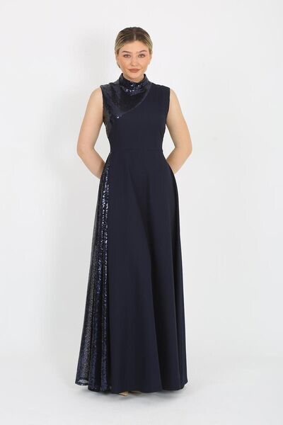 zeynep zehra Kadın Giyim Abiye Moda Pul Payet Kolsuz Uzun Abiye Elbise 2718 Lacivert