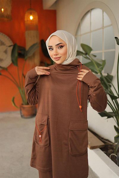 BURCU TESETTÜR Trn2080 Brown Color Neon Elastic Double Tracksuit Set