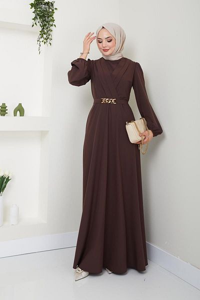 Ayşe Melek Fashion Chain Belted Hijab Evening Dress - Brown 2646