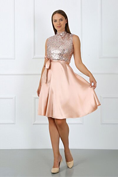 zeynep zehra Kadın Giyim Abiye Moda Pullu Saten Kısa Kolsuz Abiye Elbise 2727 Pudra