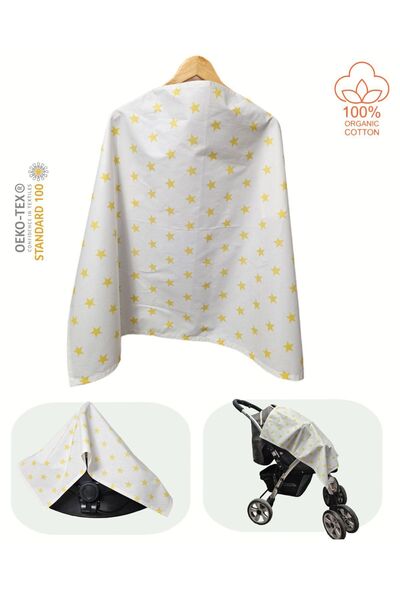 BeybiNest Κάλυμμα θηλασμού από οργανικό βαμβάκι 100x80 εκ. με κίτρινο σχέδιο αστεριών, ρυθμιζόμενο μέγεθος - με εσωτερικό σύρμα