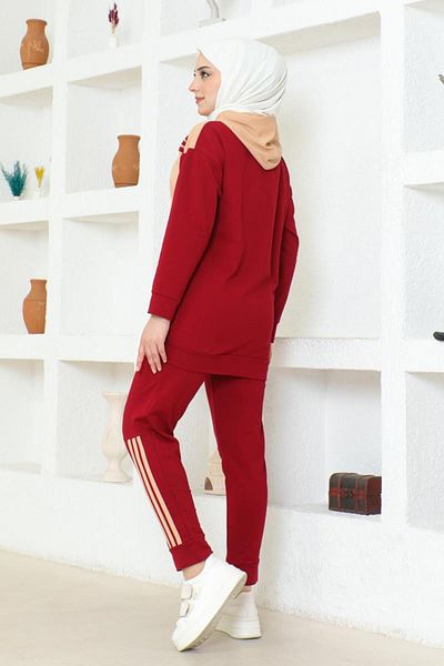 BURCU TESETTÜR Claret Red Latte Hooded Double Tracksuit Set - TRN1016