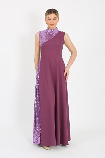 zeynep zehra Kadın Giyim Abiye Moda Pul Payet Kolsuz Uzun Abiye Elbise 2718 Lila