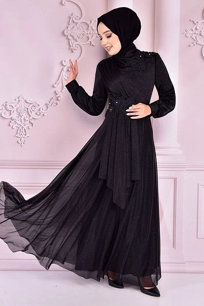Ayşe Melek Black Hijab Evening Dress - Women's Clothing Fashion 2514