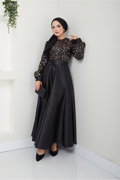 Ayşe Melek Satin Evening Dress 2537 - Women's Clothing with Sequin Detail and Copper Color