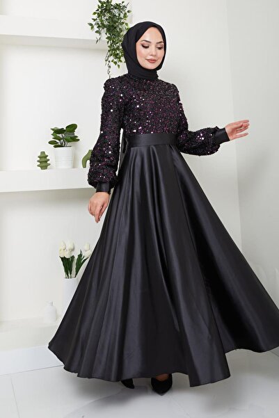 Ayşe Melek Kadın Giyim Abiye Moda Pul Detaylı Saten Abiye 2537 Siyah-mor
