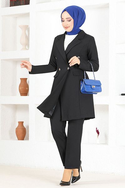 Ayşe Melek Black Evening Dress Fashion Blazer Set - 2605