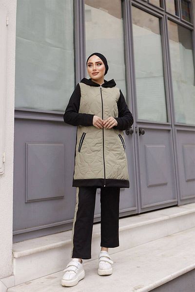 BURCU TESETTÜR Black Khaki Tracksuit Set - Quilted Detail, Trn3010