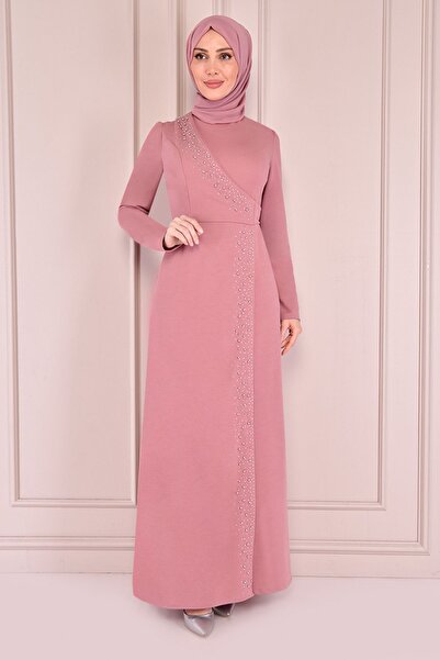 Ayşe Melek Kadın Giyim Abiye Moda Taş Işlemeli Uzun Tesettür Elbise 2459 Gül Kurusu