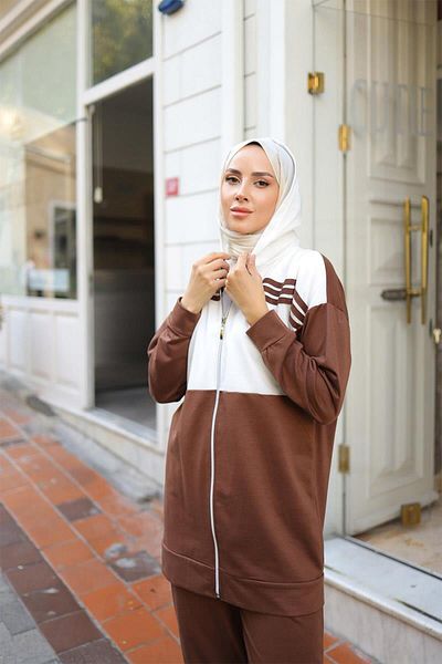 BURCU TESETTÜR Hooded Double Tracksuit Set TRN1016 Brown