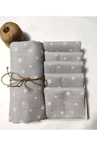 BeybiNest طقم موسلين جراي ستارز - بطانية 100×120، منديل 30×33، 5 قطع