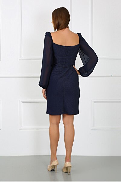 Genel Markalar Kadın Giyim Abiye Moda Simli Şifon Kollu Elbise 2713 Indigo