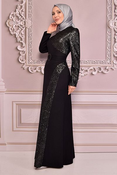 Ayşe Melek Hijab Evening Dress 2524 - Sequin Detailed, Black Women's Clothing Fashion