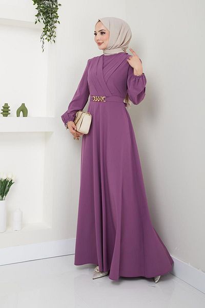Ayşe Melek Hijab Evening Dress - with Chain Belt, Fashion 2646 Lilac