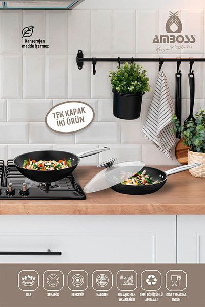 Amboss Dark Fireproof Non-Stick 3 Piece Titanium Coated Pan - Glass Lid (28 cm Wok, 28 cm Pan Single Ka
