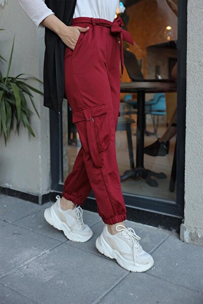 BURCU TESETTÜR Kadın Bel Kuşaklı Kargo Cepli Pantolon BRC1403 Bordo