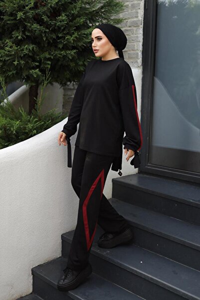 BURCU TESETTÜR Set dublu cu mâneci cu șireturi BRC1301 Bordeaux negru