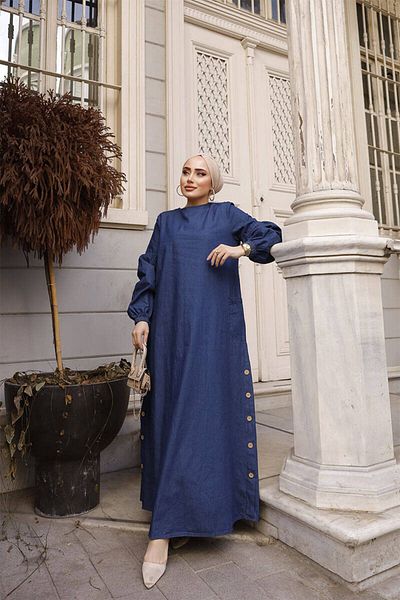 BURCU TESETTÜR Side Buttoned Balloon Sleeve Hijab Denim Dress Fdl1001-1 Dark Blue
