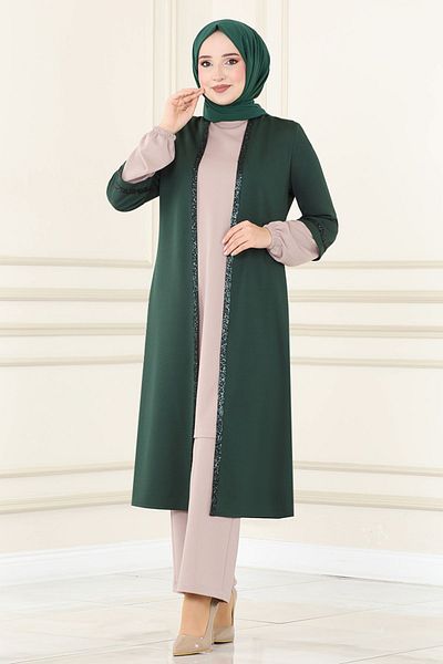 Ayşe Melek Sequin Hijab Fashion Evening Dress - Emerald Mink 2670
