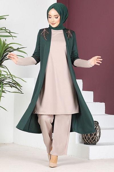 AYŞE MELEK TASARIM Evening Dress Fashion Applique Jewelled Tunic and Trousers Set - Emerald-Mink 2668