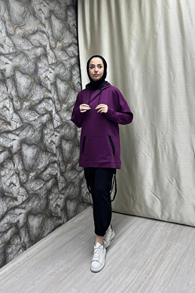 BURCU TESETTÜR Çift Renk Garnili Sweat Brc1703 Mor