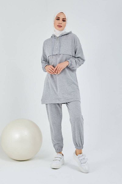 BURCU TESETTÜR Front Half Zipper Tracksuit Set Trn1019 Gray