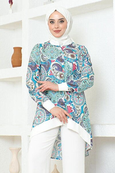 BURCU TESETTÜR Petrol Color Ethnic Patterned Hijab Set - BRC1313
