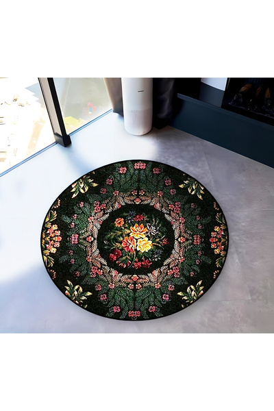 Rugs Modern Halı الأخضر الداكن والأسود موضوع زهرة وعزر نمط جولة المنسوجة قاعد...