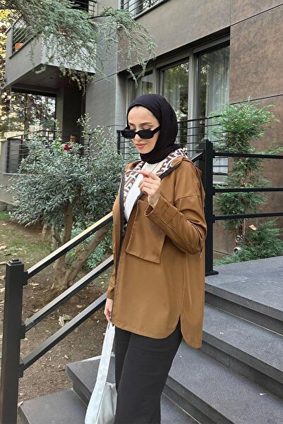BURCU TESETTÜR Cep Detayli Kısa Trençkot BRC1907 Taba