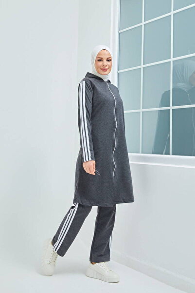 BURCU TESETTÜR Σετ φόρμας μπροστινής φερμουάρ Trn1018 Anthracite