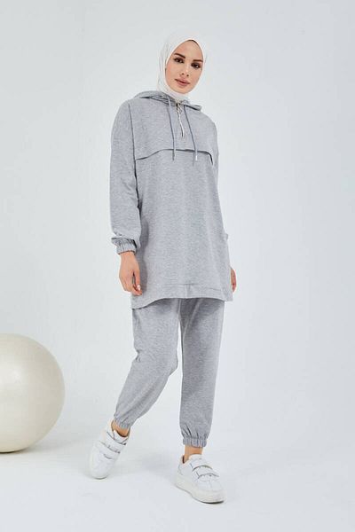 BURCU TESETTÜR Front Half Zipper Tracksuit Set Trn1019 Gray