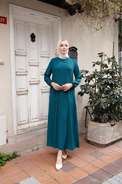 BURCU TESETTÜR Γυναικείο χιτζάμπ φόρεμα Petrol Green Wrinkled - Brc11m03