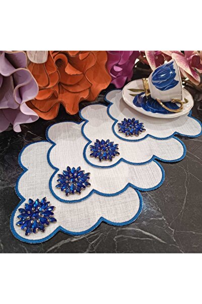 LASETU Fleur De Pierre (TAŞ ÇİÇEK) saks mavisi renk Kahve Yanı Kokteyl Peçetesi Leke Tutmayan Kumaş 6 Adet