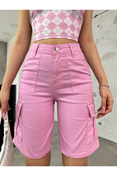 BİKELİFE Kargo Cepli Yüksek Bel Esnek Bermuda Şort