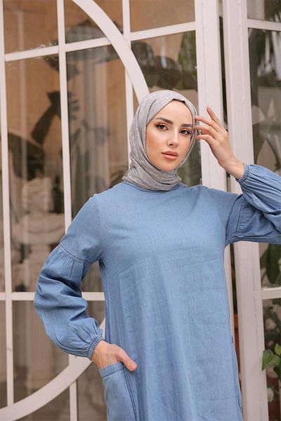 BURCU TESETTÜR Side Buttoned Balloon Sleeve Hijab Denim Dress Fdl1001 Light Jeans