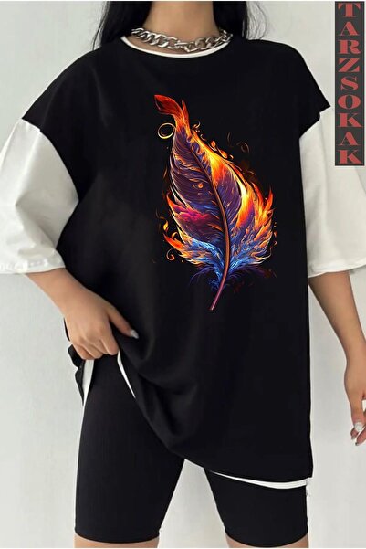 Tarzsokak Black Oversize Double Color LION 4 Printed Unisex T-shirt