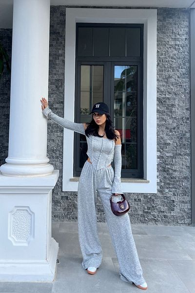 Seda Yalçın Atelier Gray Off-Shoulder Blouse and Pants Set