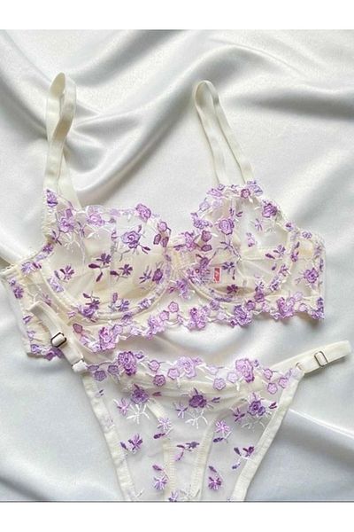 ARONA White Lilac Floral Patterned Underwire Bralet Set