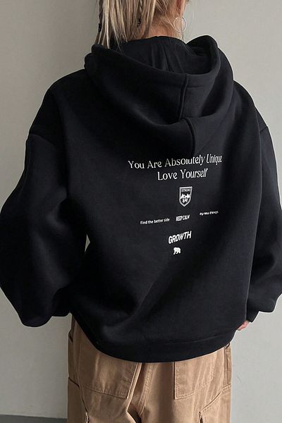 MODAGEN Schwarzes Unisex-Oversize-Sweatshirt mit Kapuze – „Love Yourself“-Rückendruck
