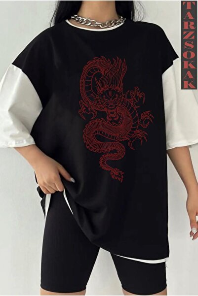 Tarzsokak Tricou unisex negru oversize dublă culoare cu imprimeu DRAGON