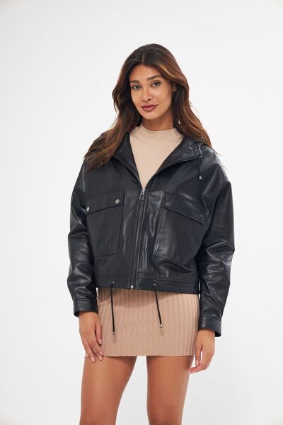 gorgitino Kadın Hakiki Deri Ceket Kapşonlu Model